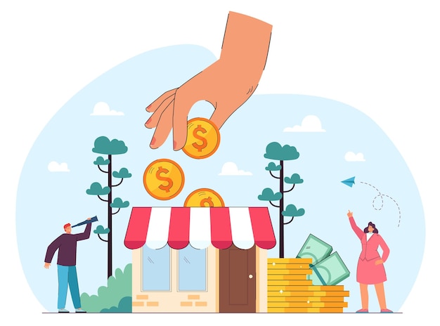 Hand of government or partners giving grants to business. Tiny people receiving money, searching financial assistance and protection flat vector illustration. Subsidy, finance, investment concept