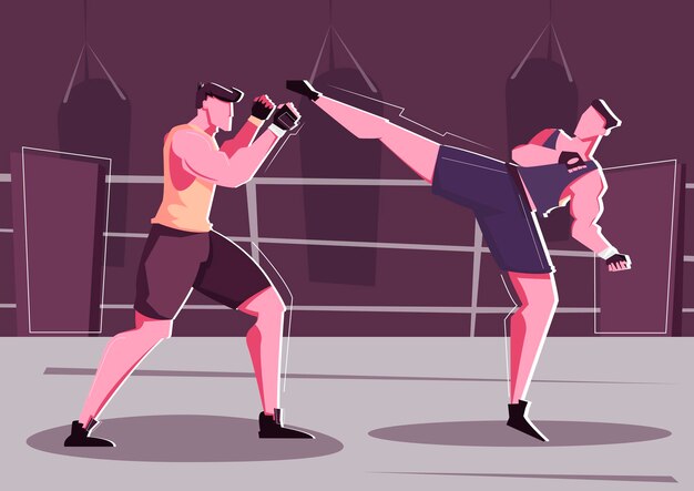 Hand to hand combat flat illustration with two male persons in sport uniform wrestling in ring