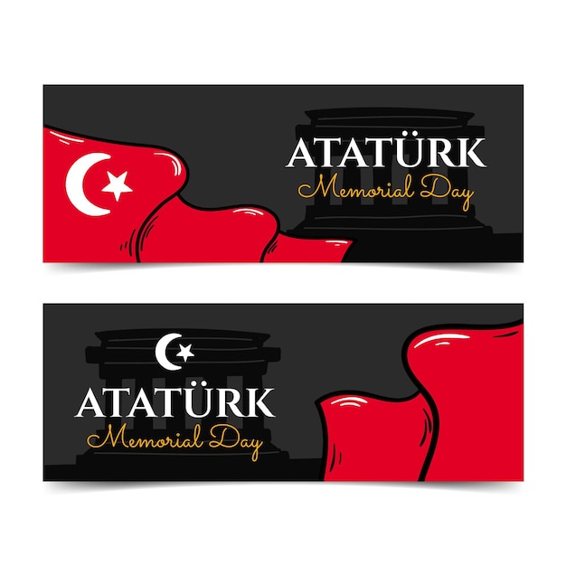 Hand hand drawn ataturk memorial day horizontal banners set