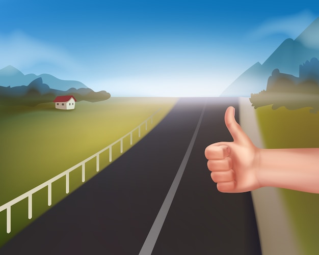 hand of hitchhiking man at rural mountain road