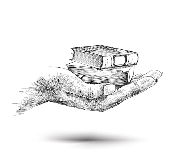 Рука держит стопку книг, изолированных на белом Ручной рисунок векторной иллюстрации