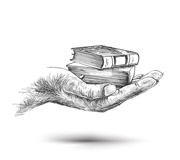 Hand hold Stack of books isolated on white Hand Drawn Sketch Vector illustration
