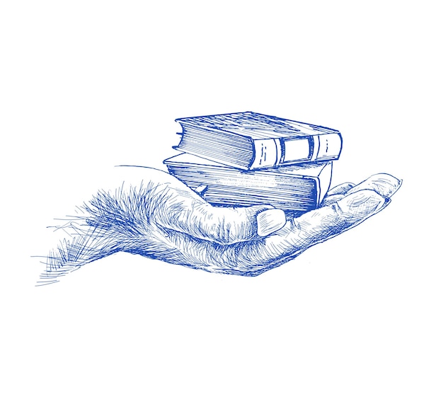 Hand hold stack of books isolated on white hand drawn sketch vector illustration