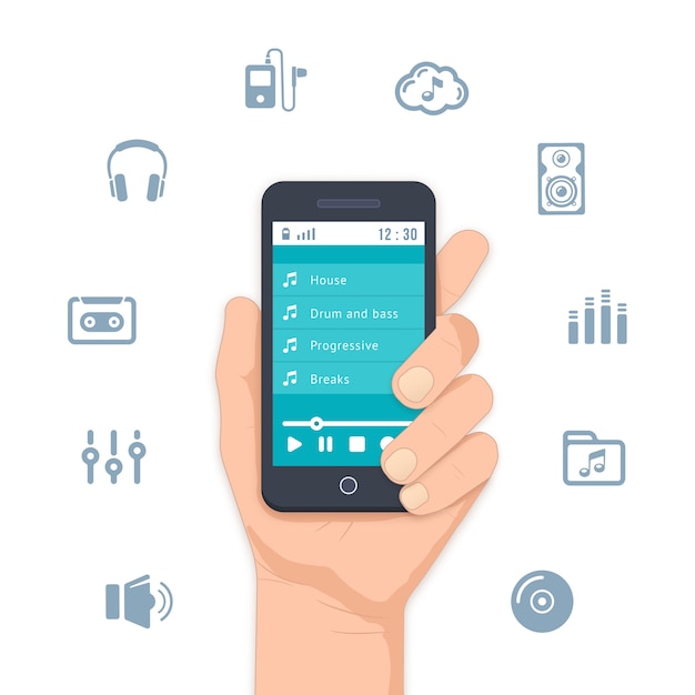 무료 벡터 디스플레이에 곡 목록이 표시되고 다양한 음악과 엔터테인먼트로 둘러싸인 모바일 mp3 플레이어를 손에 들고