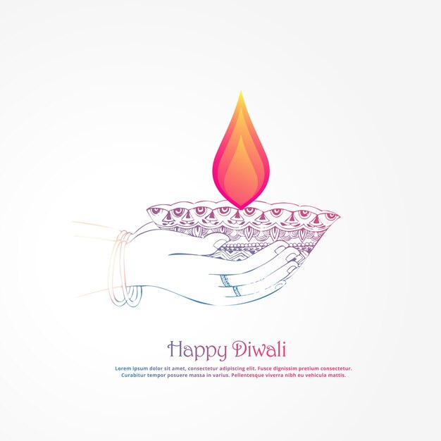Hand holding burning diya, diwali festival background