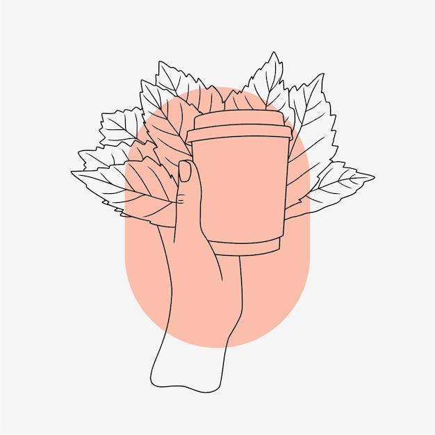 라인 아트 스타일의 커피와 잎을 들고 있는 손 프리미엄 벡터