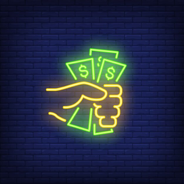 Hand holding dollar bills neon sign