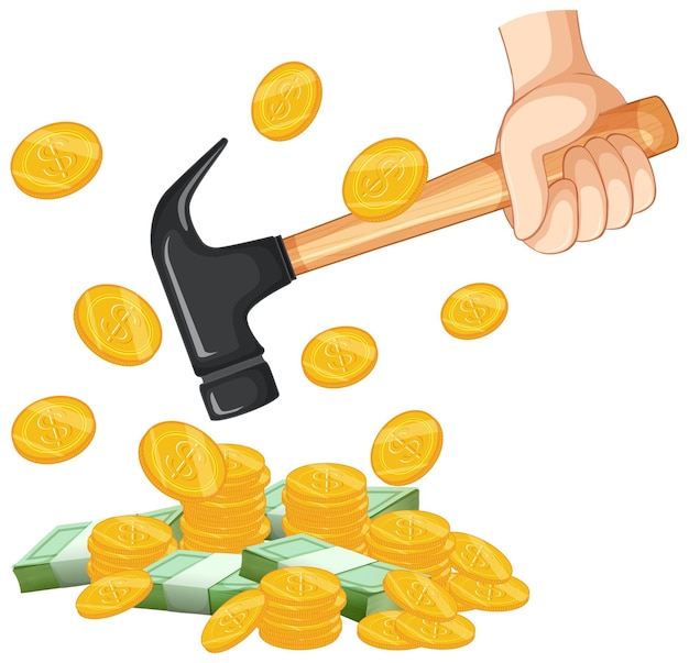 Free vector hand holding hammer with pile of money