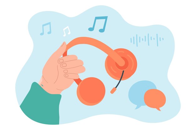 Hand holding headphones for listening to music. Person enjoying sound, radio playlist with headset flat vector illustration. Entertainment concept for banner, website design or landing web page