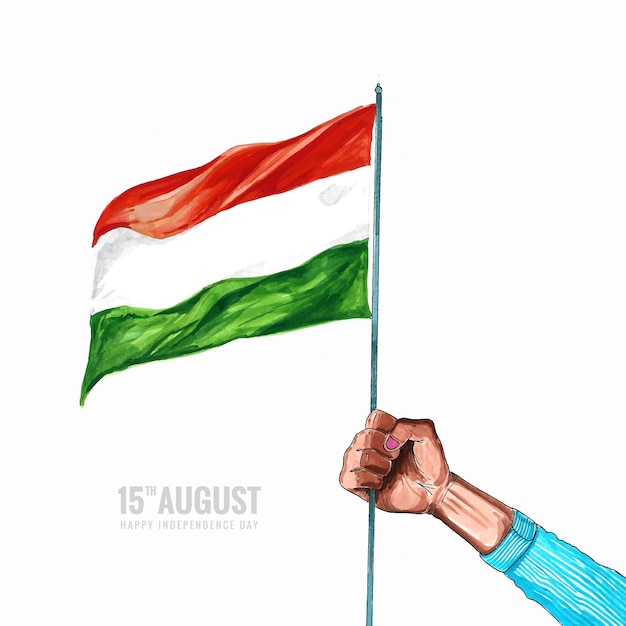 幸せな独立記念日の背景を持つインドの旗を握る手