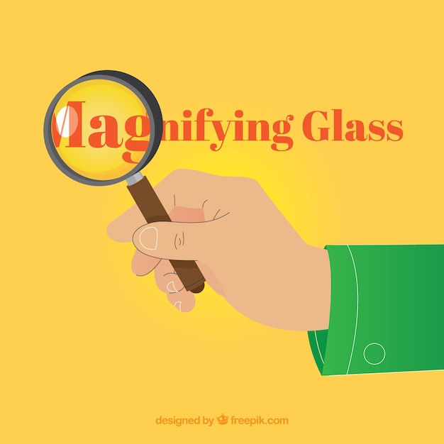 Hand holding magnifying glass background in flat style