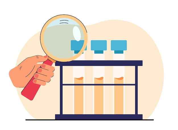 Hand holding magnifying glass and examining glass tubes. scientist doing scientific research in laboratory flat vector illustration. chemistry, science concept for banner or landing web page