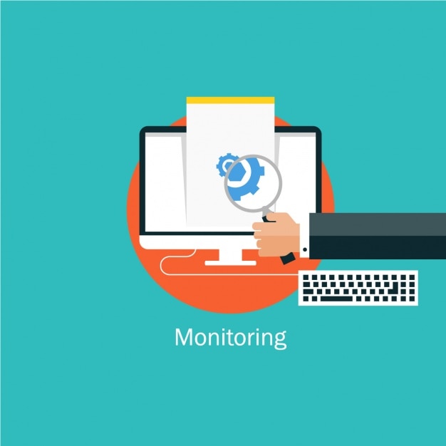 Free Vector hand holding a magnifying glass with a computer behind