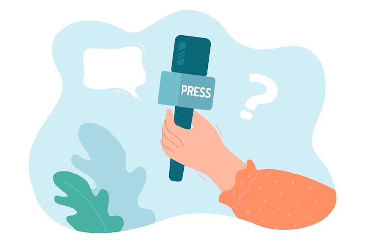 Free Vector hand holding microphone with press sign flat vector illustration. journalist or reporter interviewing person. mass media, news, radio, press conference, television concept