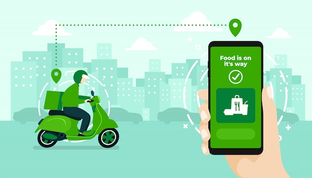 Hand holding mobile application tracking a delivery man on a moped