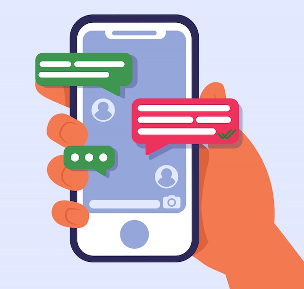 Free vector hand holding mobile phone with text messages