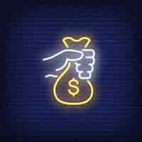 Free vector hand holding money bag neon sign