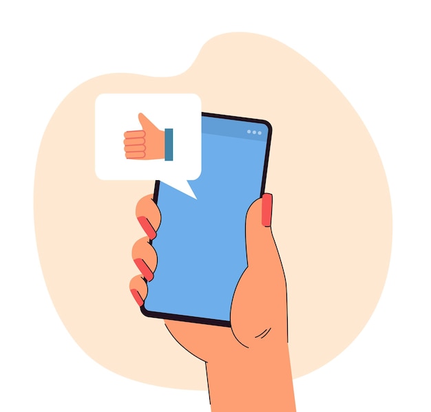 Hand holding phone showing positive reaction in speech bubble. customer, client or friend approving of product or service flat vector illustration. quality, satisfaction rating or feedback concept