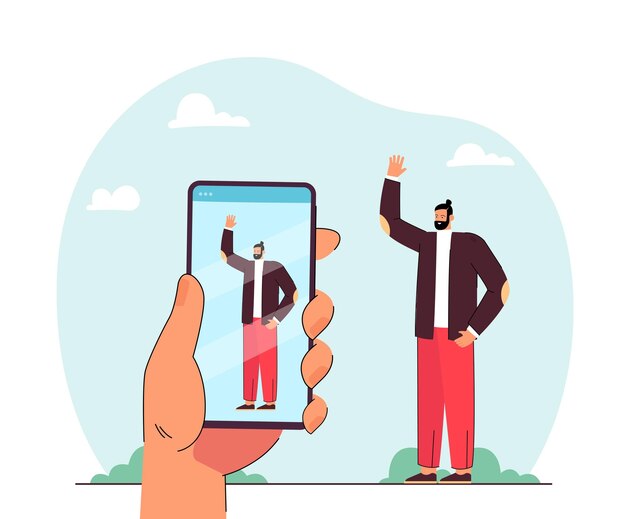 Hand holding phone and taking photo of waving man. Male character on smartphone screen flat vector illustration. Technology, photography concept for banner, website design or landing web page