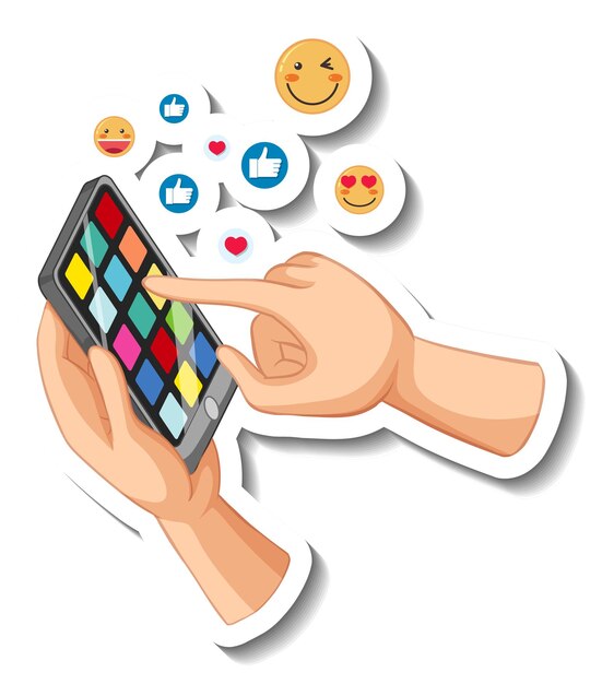 Hand holding a smartphone with emoji icon on white background