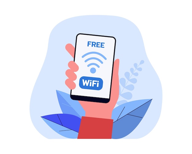 Vettore gratuito mano che tiene smartphone con il simbolo wi-fi gratuito sullo schermo. persona che si connette a internet pubblico senza password illustrazione vettoriale piatta. concetto di connessione di rete per banner o pagina di destinazione