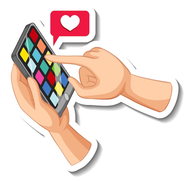 Hand holding a smartphone with heart emoji icon on white background