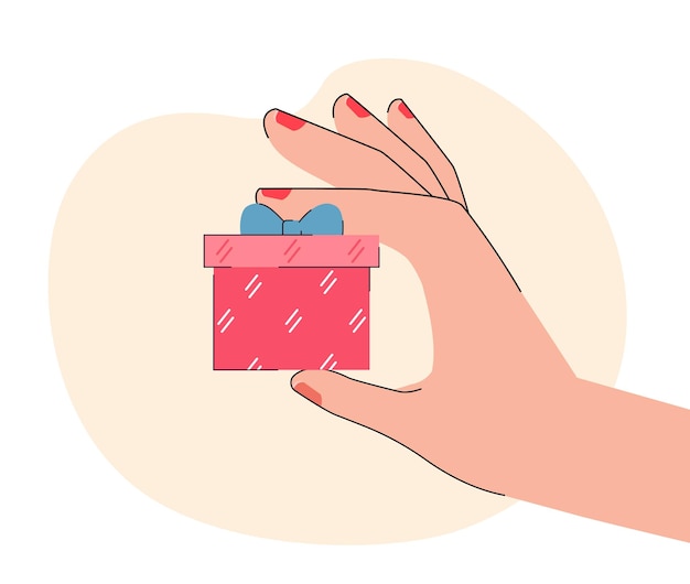 Hand holding surprise gift box with bow. Person giving wrapped present on festive event flat vector illustration. Referral bonus, giveaway concept for banner, website design or landing web page