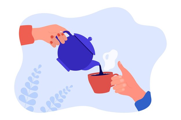 손을 잡고 찻주전자와 컵에 뜨거운 차를 붓는. 주전자와 머그 플랫 벡터 삽화를 들고 있는 남성과 여성의 손. 배너, 웹 사이트 디자인 또는 방문 웹 페이지에 대한 커뮤니케이션, 티타임 개념