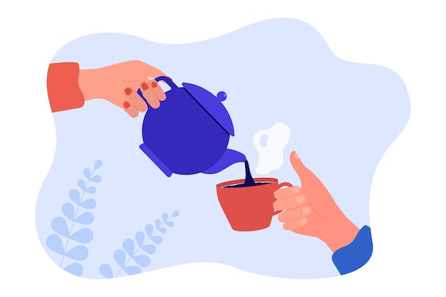 Рука держит чайник и наливает горячий чай в чашку. Мужские и женские руки держат чайник и кружку с плоской векторной иллюстрацией. Общение, концепция чаепития для баннера, дизайна веб-сайта или целевой веб-страницы