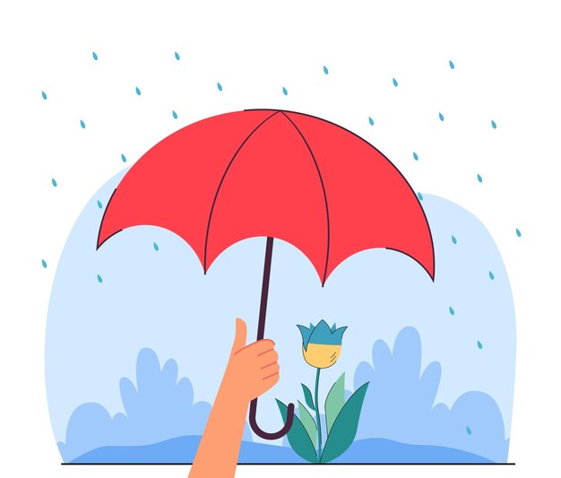 Hand holding umbrella over blue and yellow flower. People helping Ukraine, donating money, trying to stop war flat vector illustration. Support concept for banner, website design or landing web page