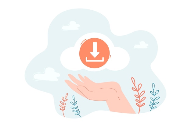 Hand holding upload down arrow sign. person connecting to cloud data center to download and backup flat vector illustration. network, service concept for banner, website design or landing web page