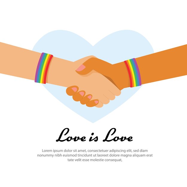 Hand of LGBT holding together with rainbow ribbon symbol