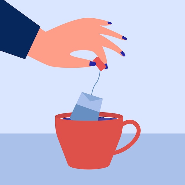 Бесплатное векторное изображение Рука женщины кладет чайный пакетик в чашку с водой. человек, делающий чай в кружке с плоской векторной иллюстрацией. напиток, перерыв, концепция завтрака для баннера, дизайна веб-сайта или целевой веб-страницы