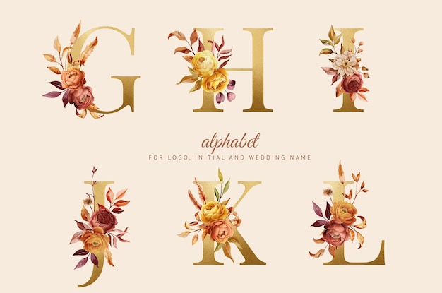 ロゴの結婚式の名前のブランドの初期カードの手描きの秋の花のアルファベット