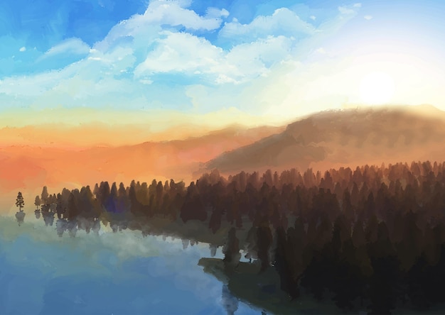 無料ベクター 手描きの抽象的な夕日の木と丘の風景の背景