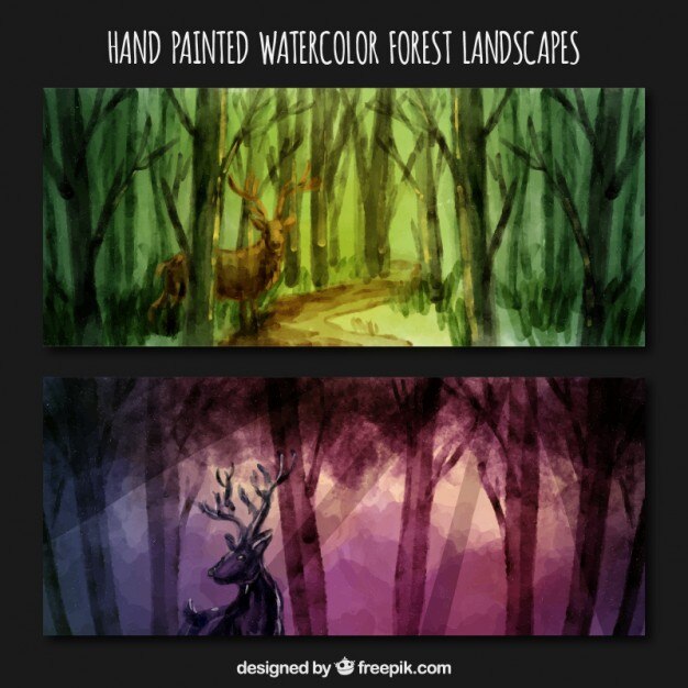 Free Vector hand painted beautiful forest with a dell banners 