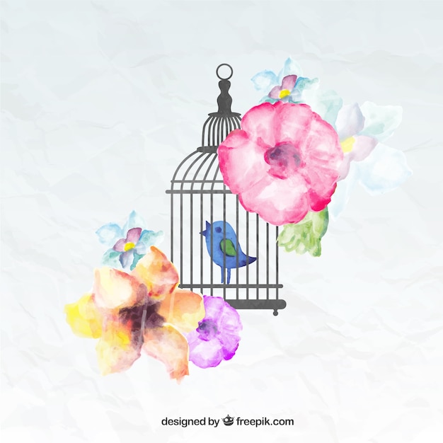 Hand painted bird in a cage