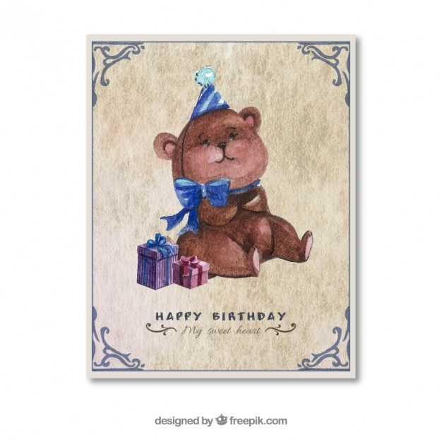 Free vector hand painted birthday card with a teddy bear