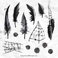 Free vector hand painted black feathers and spider web