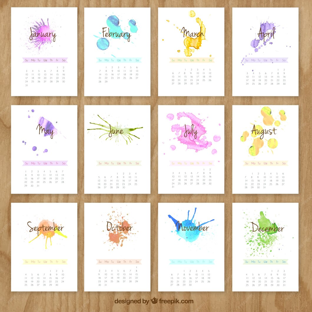 Free Vector Hand painted calendar with watercolor splashes