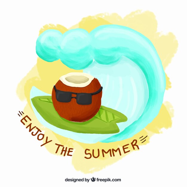 손으로 그린 선글라스 여름 배경으로 코코넛