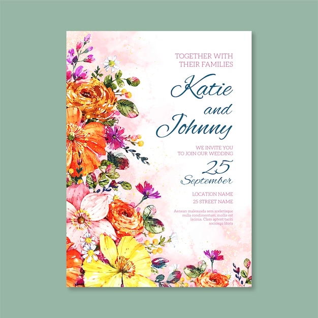 Free vector hand painted colorful floral wedding invitation