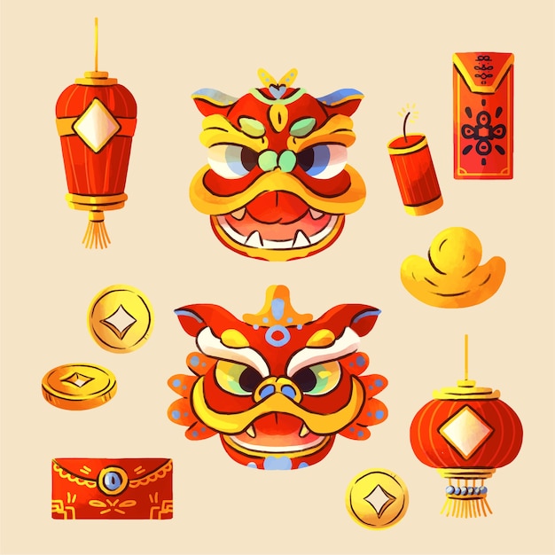 Free vector hand painted elements collection for chinese new year festival