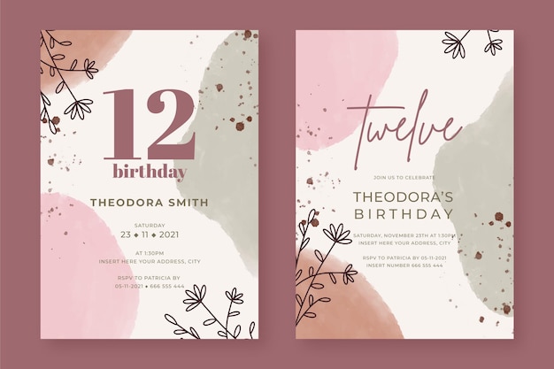 Бесплатное векторное изображение Ручная роспись цветочные шаблоны приглашения на день рождения в двух версиях