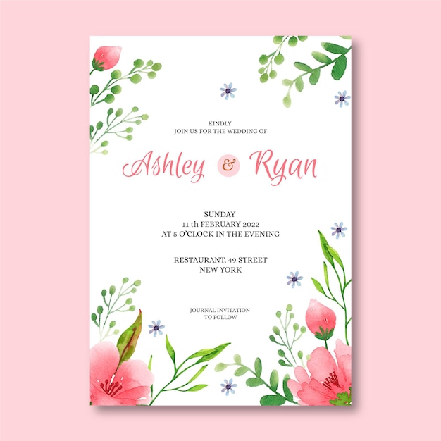 手描きの花のモチーフの結婚式の招待状のテンプレート