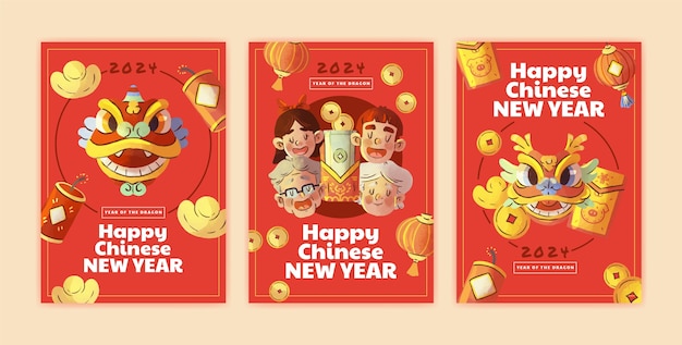 Бесплатное векторное изображение Коллекция открыток для китайского нового года, нарисованных вручную