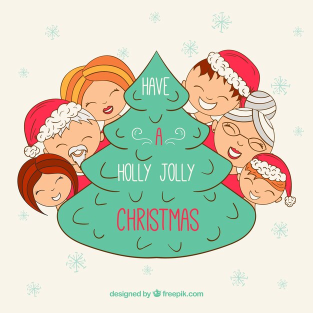 クリスマスツリーの周り手描き幸せな家族