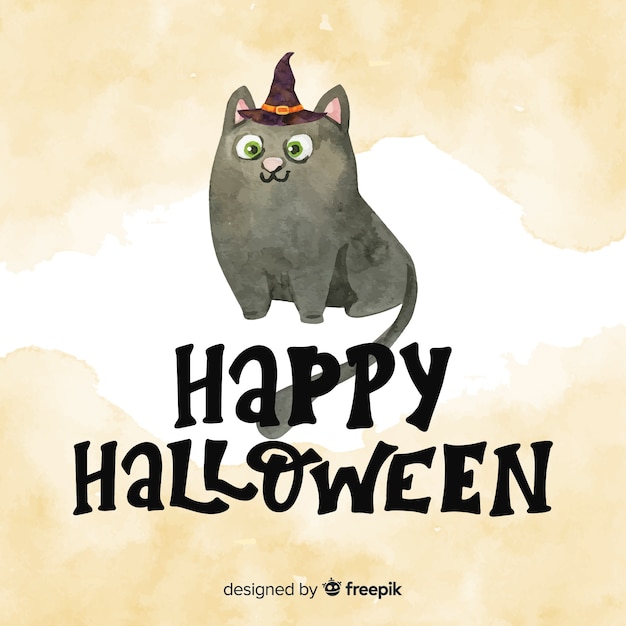 Ручная роспись happy halloween надписи с кошкой в акварели