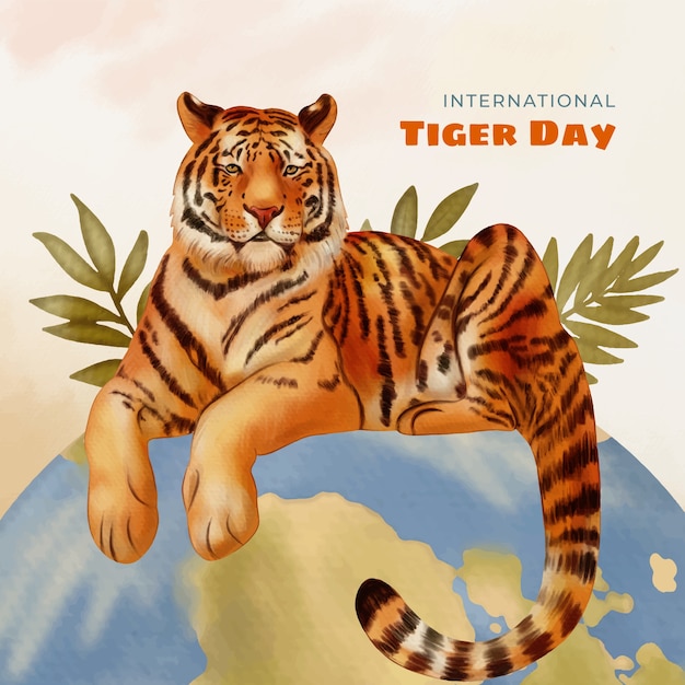 Illustrazione dipinta a mano per la celebrazione e la consapevolezza della giornata internazionale della tigre