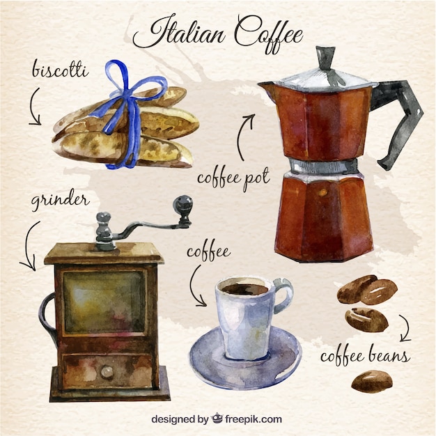 Free vector hand painted italian coffee elements